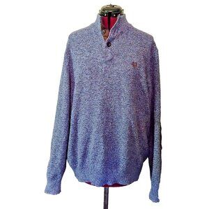 Chaps Henley Sweater Blue Mens Size XL Elbow Patches Faux Leather Knit Pullover